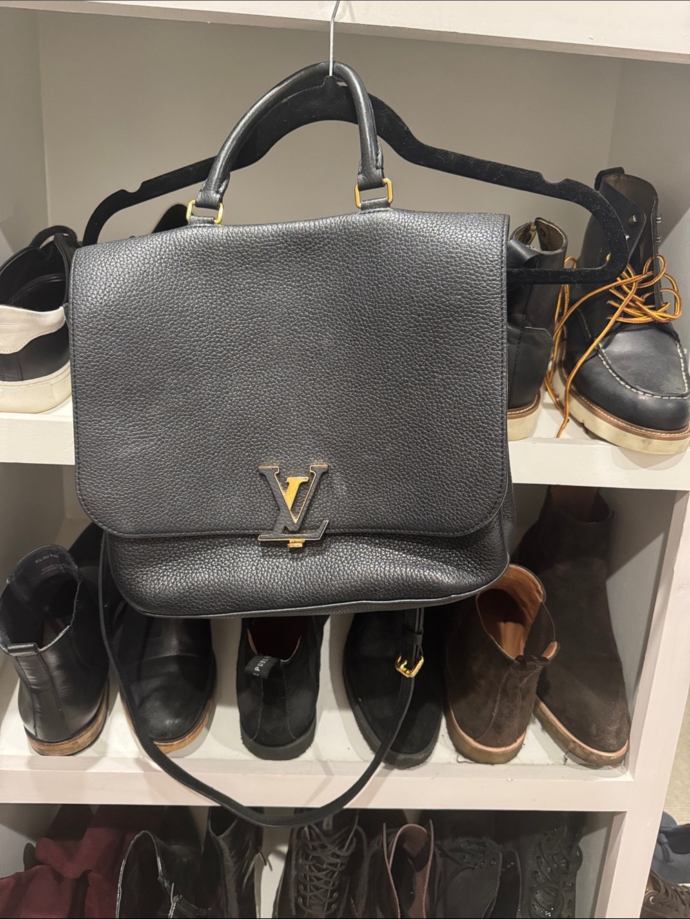 Louis Vuitton Black Pebbled Leather Satchel with Gold Hardware